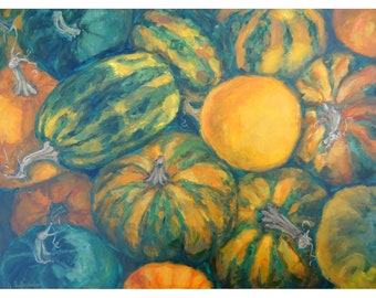 野菜のある静物画、カボチャの油絵、秋の静物画、農家の装飾アート