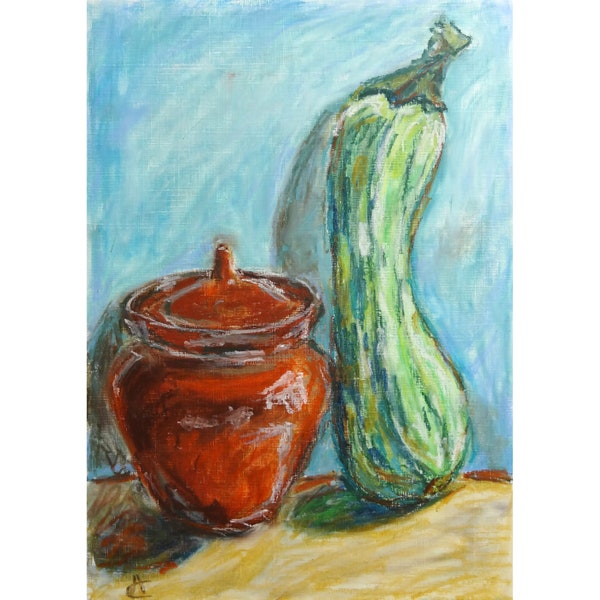 Nature morte, peinture, courgettes, oeuvre d'art originale de 11 x 8 pots, dessin au pastel à l'huile, art végétal, art mural de cuisine, par AnnaSoulArt