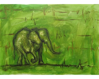 Elephant Painting Original Art 11 by 8 Green Abstract Painting Animal Artwork Elephant Lover Gift Africa Wall Art by AnnaSoulArt