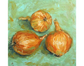 オリジナルの玉ねぎの静物画の水彩画、キッチンの水彩画、野菜の静物画