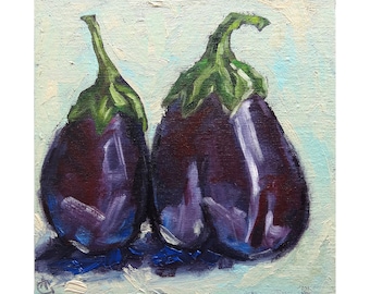 Eggplant Oil Painting, Original Still Life Kitchen Wall Art (6x6)