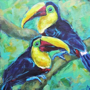 Toucan Painting Exotic Bird Original Art 8&quot; by 8&quot; Rainforest Tropical Artwork Wildlife Nature Wall Art Nursery Decor by AnnaSoulArt