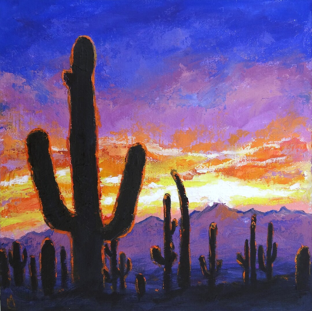 original-arizona-desert-sunset-oil-painting-saguaro-cactus-art-8x8-etsy