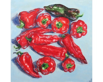 Red Pepper Painting Still Life, Original Kitchen Wall Art 16x16