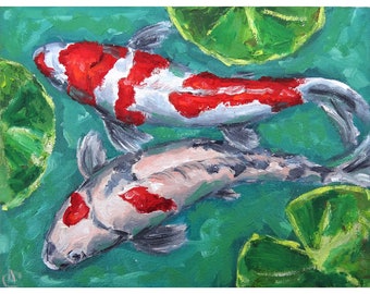 鯉の油絵：日本の鯉の池のアート、風水キャンバス（16x16