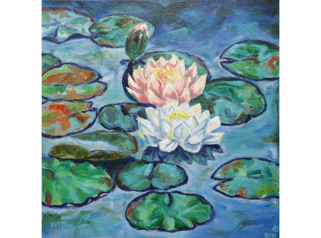 睡蓮の油絵、池の花のアート（14インチ×14インチ） - Etsy 日本