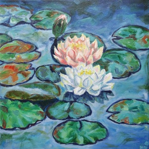 Water Lily Painting Flower Original Art 14&quot; by 14&quot; Pond Artwork Floral Wall Art by AnnaSoulArt