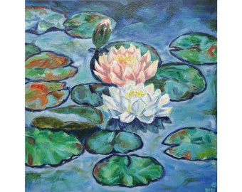 Water Lily Oil Painting, Pond Floral Art (14"x14")