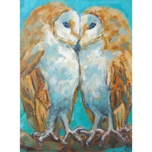 Barn Owl Painting Bird Original Art 6 by 8 Wildlife Artwork Couple Painting Bird Lover Gift by AnnaSoulArt