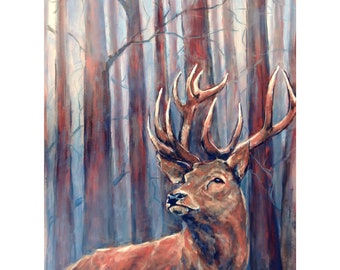 鹿のオリジナルアート作品、動物の油絵、リビングルームのアート、野生