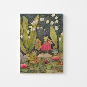 Cartão de felicitações botânico de sapo e sapo fofo - Cartão dobrado de natureza caprichosa - Cartão de nota divertido e colorido - Cartão de aniversário em aquarela