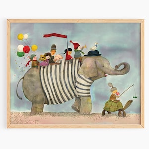 Whimsical Elephant Watercolor Print: Playroom Nursery Art