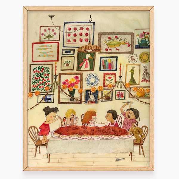Meatball Spaghetti Dinner Art Print: Whimsical Watercolor Kitchen Decor