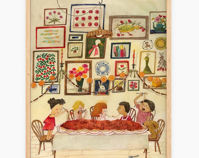 Meatball Spaghetti Dinner Art Print: Whimsical Watercolor Kitchen Decor