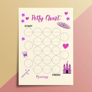May include: A cream-coloured potty chart with purple accents. The chart features the words "Potty Chart" and "Princess", along with a crown, stars, hearts, a wand, and a castle. The chart has circles for tracking progress.