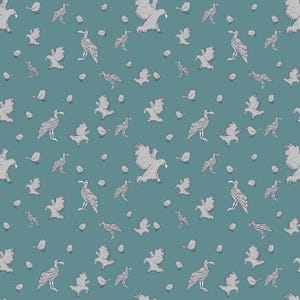 May include: Teal-colored pattern featuring a repeating design of gray vultures and small birds. The vultures are depicted in various poses, some in flight, others standing. The birds are scattered throughout the design.