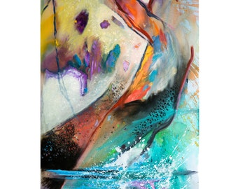 May include: Abstract painting with vibrant colors, including yellow, orange, red, purple, blue, and green. The painting features a dynamic composition with swirling lines and shapes, creating a sense of movement and energy.