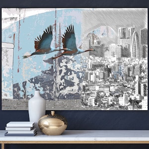 Trendy Art: Crane Bird Print, Japanese Wall Art, Black and White Art, Modern Wall Art, 100 x 70 cm