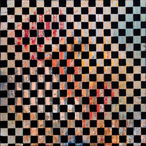 Könnte beinhalten: Abstrakte Malerei mit einem Schachbrettmuster in Schwarz und verschiedenen Farbtönen von Orange, Rot, Gelb und Blau.