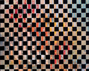 May include: Abstract painting with a checkered pattern in black and various shades of orange, red, yellow, and blue.