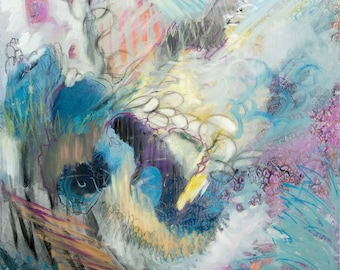 May include: Abstract painting with swirling lines and shapes in shades of blue, purple, pink, and white. The painting has a textured surface and a sense of movement.