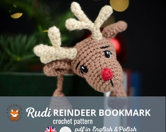 Reindeer crochet bookmark pattern in English/Polish, back to school present, Christmas idea gift, reading spot saver, page marker for book