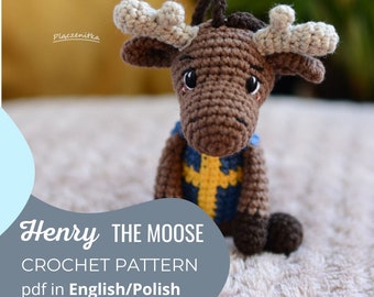 Crochet pattern moose toy - Polish/English/German/Spanish - PDF- little mascot, keychain lovers, amigurumi design, first day in kindergarten