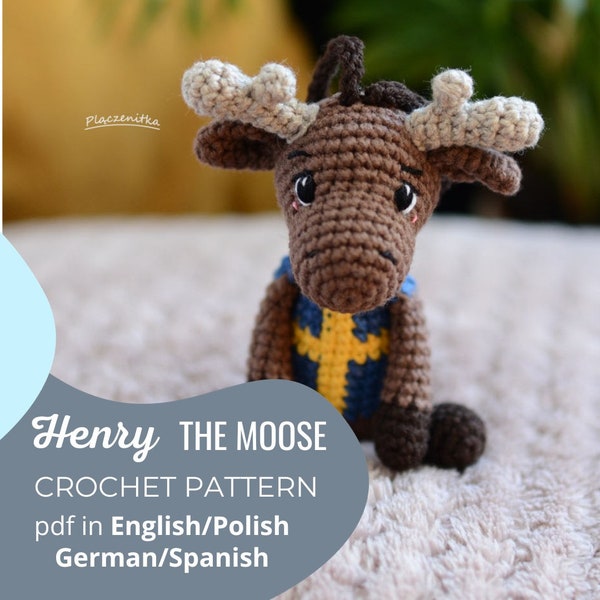 Crochet pattern moose toy - Polish/English/German/Spanish - PDF- little mascot, keychain lovers, amigurumi design, first day in kindergarten
