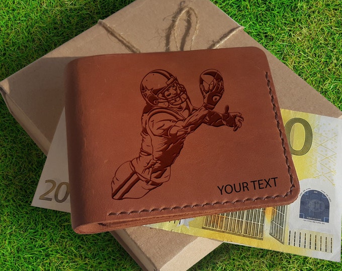 Personalized Wallet. Engraved Custom Real Brown Leather Men Slim Bifold Compact Wallet. Gift for Football Fans. Gift for American Football