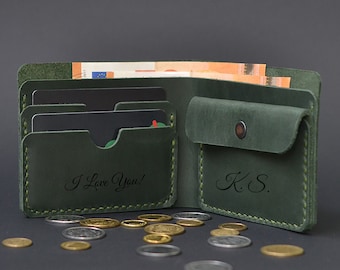 Cartera de cuero verde. Cartera minimalista personalizada de cuero de plena flor para hombre. Cartera con bolsillo frontal grabado personalizado y monedero.