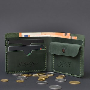 Green Leather Wallet. Personalized Minimalist Bifold Full Grain Leather Wallet for Men. Custom Engraved Front Pocket Wallet with Coin Pocket