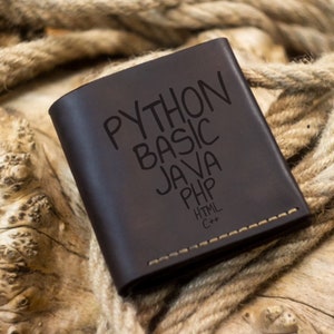 Billetera personalizada. Billetera grabada. Billeteras plegables delgadas de cuero personalizadas para hombre. Regalos para programadores, codificadores, ingenieros de software y desarrolladores.