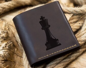 Personalized Chess Engraved Leather Wallet - Slim Bifold Wallet