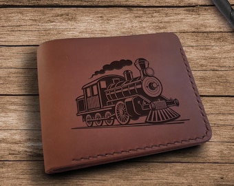 Carteira de couro com locomotiva gravada: presente personalizado de trem a vapor