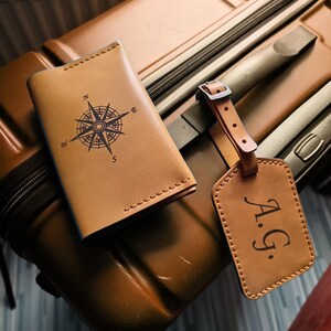 Luggage tag and passport cover Personalized gift set of a  handmade from high-quality yellow leather with engraving name, initials etc