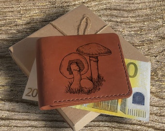 Engraved Mushroom Wallet: Personalized Brown Leather Bifold