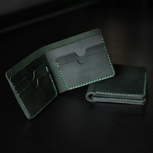 Green Leather Wallet, Handmade Minimalist Bifold Full Grain Leather Wallet for Men, Custom Slim Front Pocket Vintage Wallet