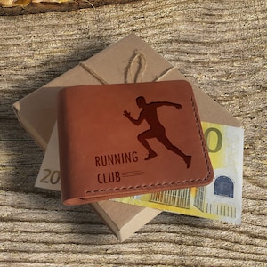 Regalos de corredor para él. Cartera de cuero personalizada. Cartera grabada. Custom Slim Bifold Minimalist Full Grain Leather Wallet para Hombres