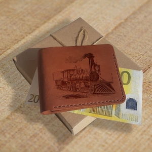 Billetera personalizada de locomotora. Cartera minimalista slim personalizada grabada para hombres. Regalo de cuero personalizado para él. Regalos de cumpleaños para papá