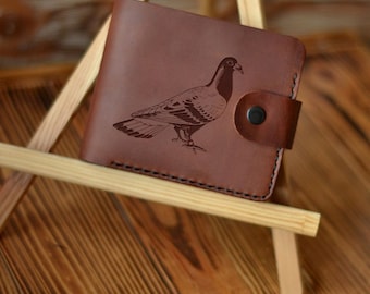 Bird Lovers Gifts. Personalized Wallet. Engraved Pigeon Full Grain Leather Cute Wallet. Dove Gift. Custom Bifold Minimalist Wallets for Men
