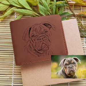 Cartera de cuero personalizada. Billetera de fotos de perro grabada. Custom Bifold Minimalist Wallet para Hombres. Cartera de retrato de perro. Regalo del dueño del amante del perro