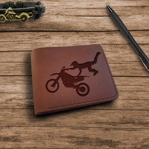 Presentes de Motocross. Carteira Personalizada. Carteiras de Couro Personalizadas Gravadas para Homens. Presente de Couro Personalizado para Ele. Corrida de Motociclismo Off-Road