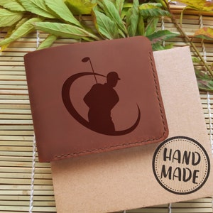 Regalos de golf para hombres. Monedero personalizado. Custom Bifold Fine Mens Cartera de bolsillo frontal de cuero para hombre. Cartera de cuero pequeña de grano completo grabada