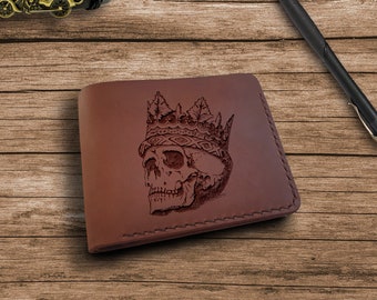 Gifts for Men Who Have Everything. Engraved Skull Wallet. Personalized Bifold Full Grain Leather Slim Wallet. Custom Cute Wallets for Men