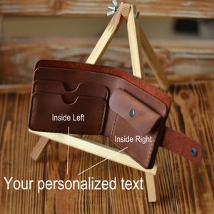 Cartera personalizada. Cartera plegable personalizada, hecha a mano, de piel flor, con solapa y grabado. Cartera fina para hombre con bolsillo frontal. Regalo para tu novio.