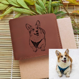 Engraved Photo Wallet. Personalized Picture Brown Leather Сustom Bifold Wallet for Men. Unique Corgi Gifts. Dog Lover Gift.