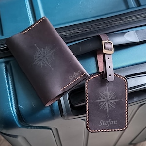 Personalized Leather Passport Cover & Luggage Tag Set: Engraved Travel Gift