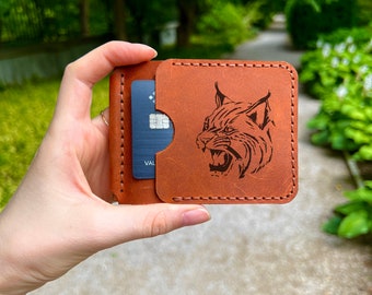 Leather Money Clip Wallet. Mens Wallet with Money Clip. Slim Wallet for Men. Front Pocket Card Wallet. Engraved Lynx Money Clip Wallet