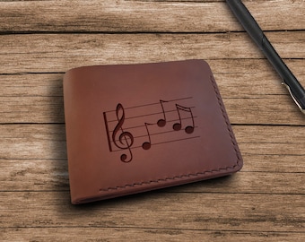 Engraved Music Notes Leather Wallet: Personalized Musician Gift