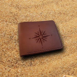 Personalized Leather Wallet: Engraved Wind Rose, Slim Bifold